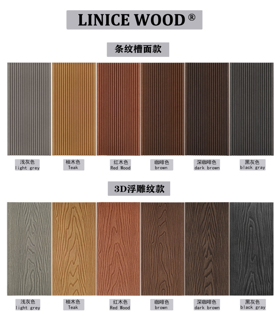 Nuancier des coloris de lames composites, finitions rainurée et relief bois