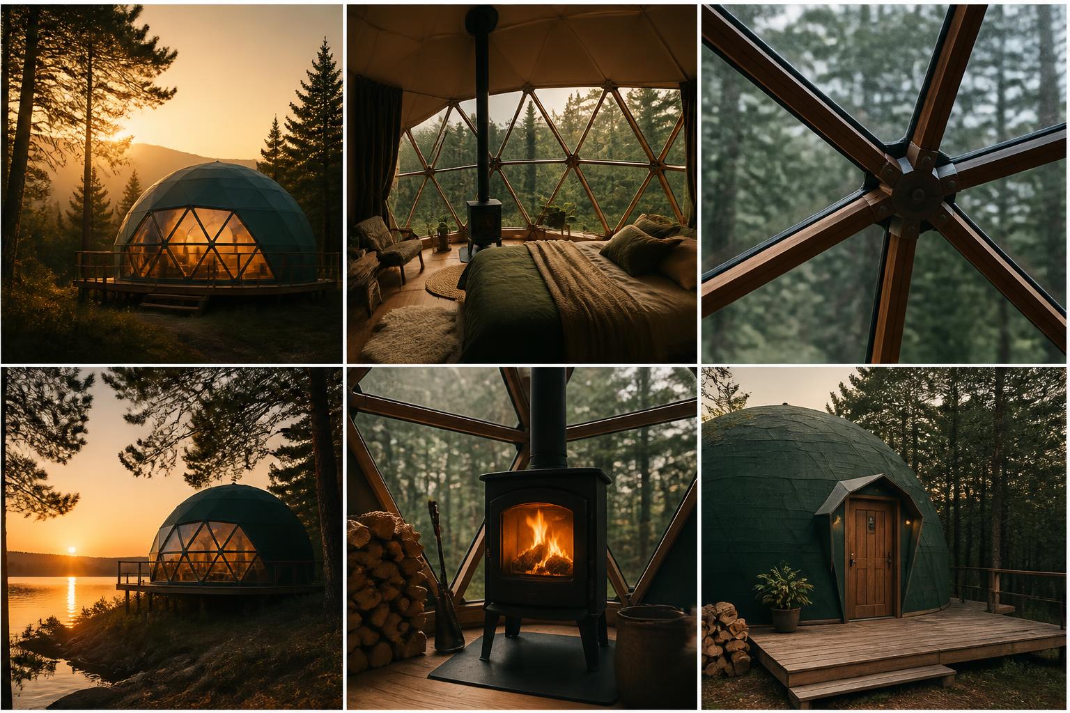Galerie de dômes géodésiques en forêt et au bord d’un lac