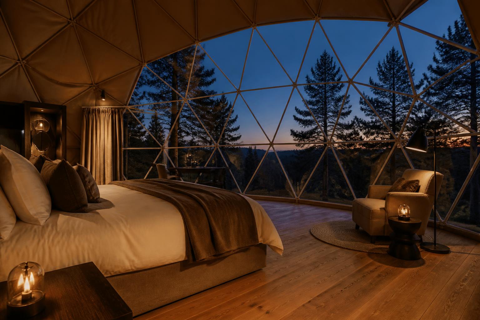 Intérieur chaleureux d’un dôme géodésique avec vue panoramique